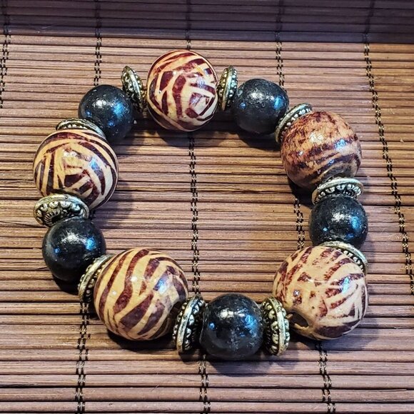 Vintage 90s Y2K Animal Giraffe Print Chunky Wood Beads Stretch Bangle Bracelet - Picture 4 of 11